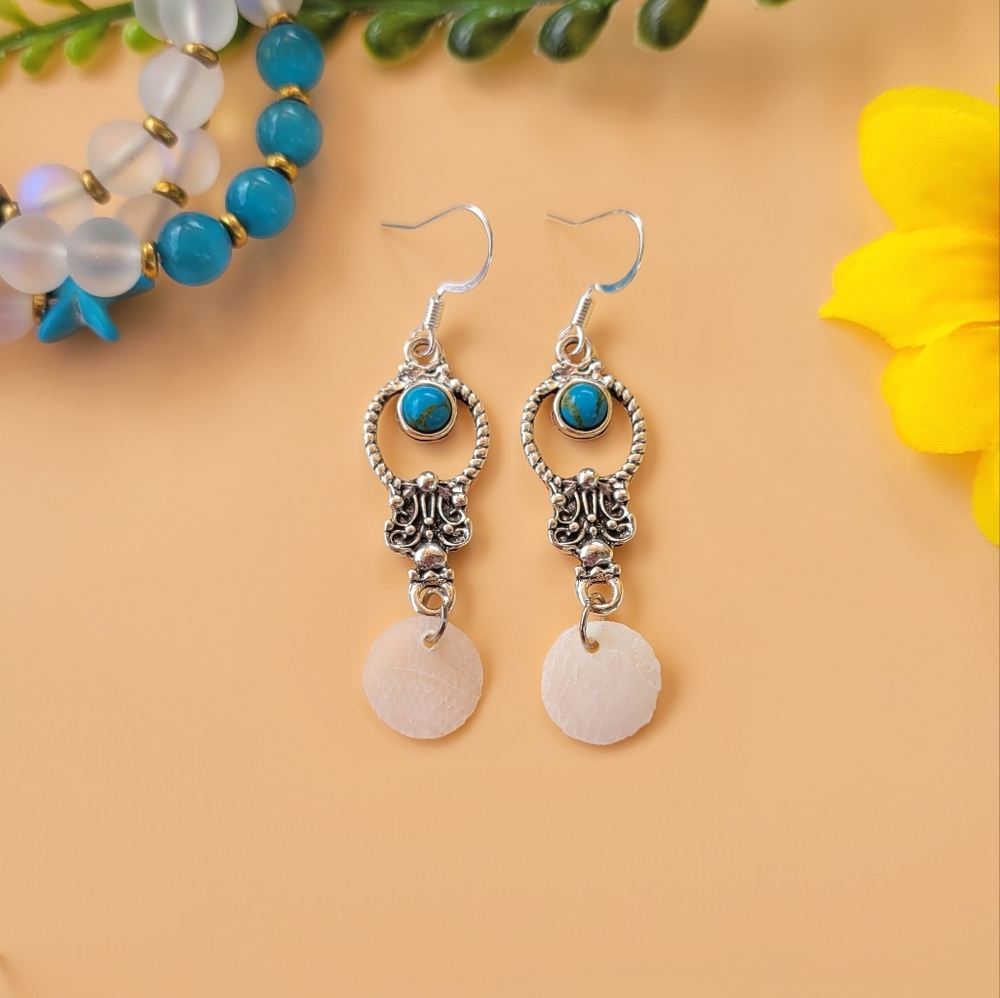 Boho Turquoise Silver And Fish Scale Dangle Earrings
